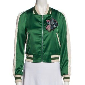 Maje Stretch Satin Bacary Cactus Bomber Jacket - Emerald Green - size 36 (XS)